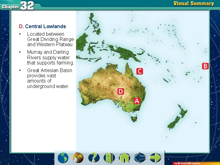 D. Central Lowlands • Located between Great Dividing Range and Western Plateau • Murray