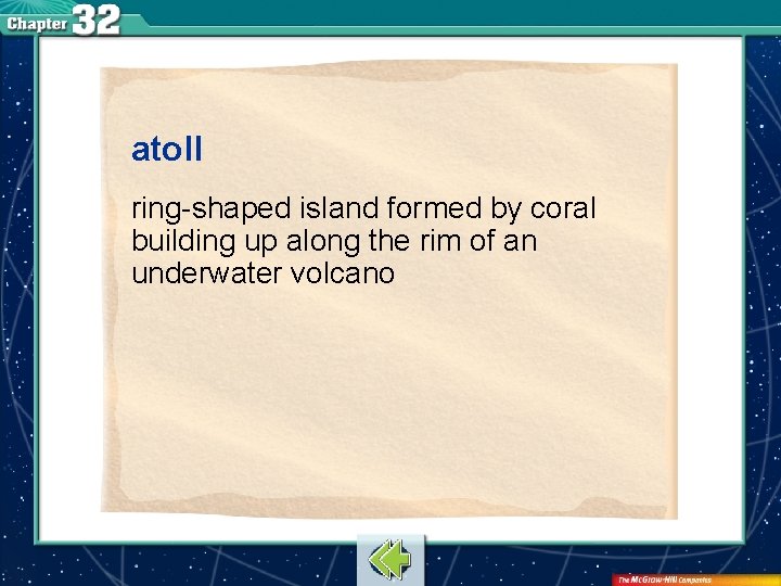 atoll ring-shaped island formed by coral building up along the rim of an underwater
