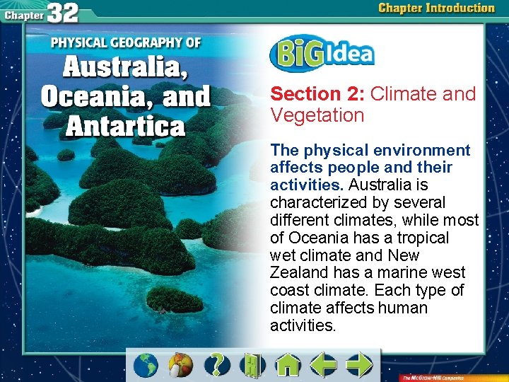 Section 2: Climate and Vegetation The physical environment affects people and their activities. Australia