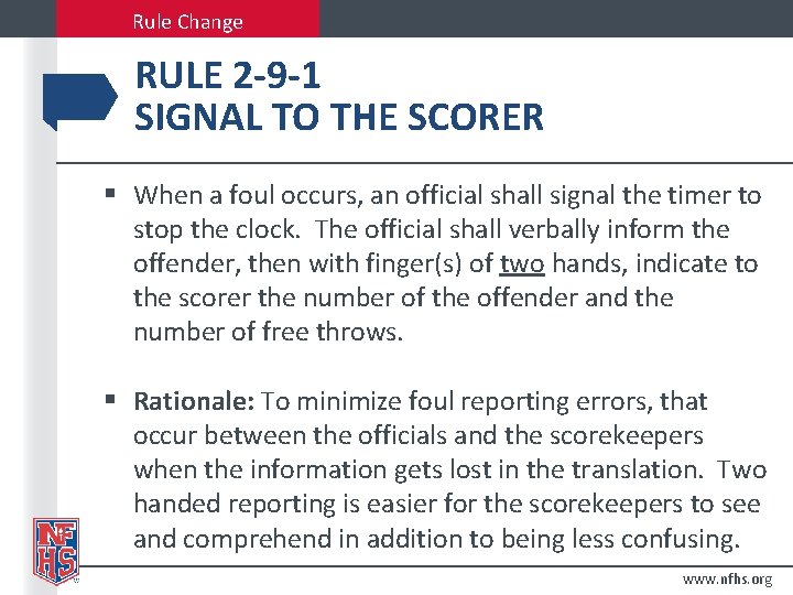 Rule Change RULE 2 -9 -1 SIGNAL TO THE SCORER § When a foul