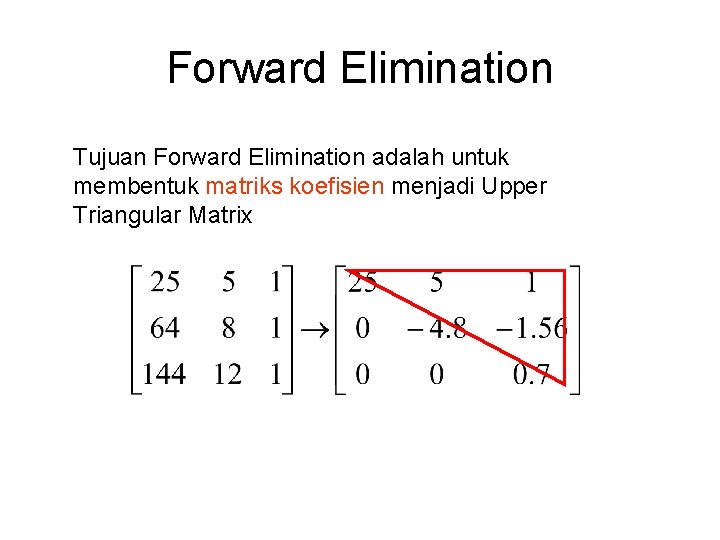 Forward Elimination Tujuan Forward Elimination adalah untuk membentuk matriks koefisien menjadi Upper Triangular Matrix