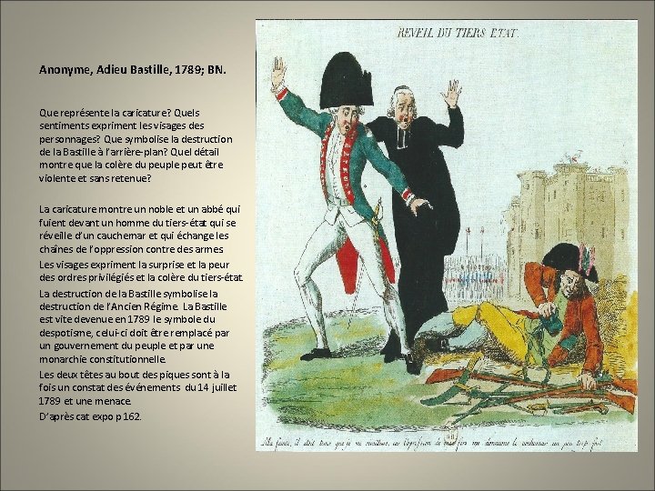 Anonyme, Adieu Bastille, 1789; BN. Que représente la caricature? Quels sentiments expriment les visages