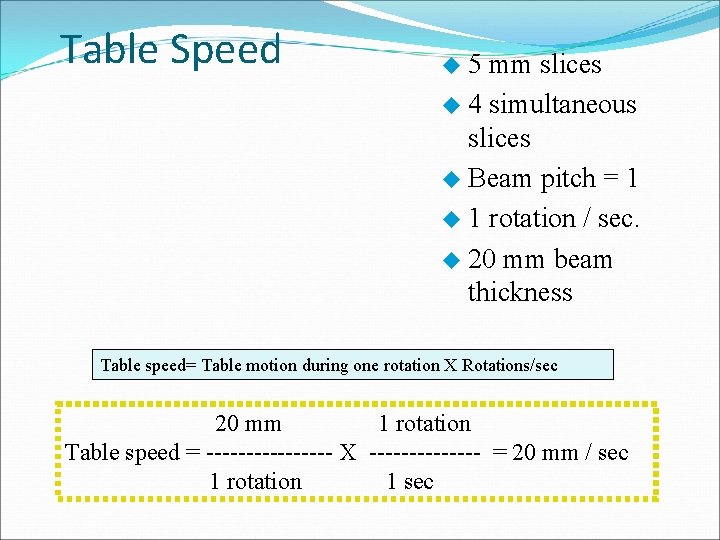 Table Speed u 5 mm slices u 4 simultaneous slices u Beam pitch =