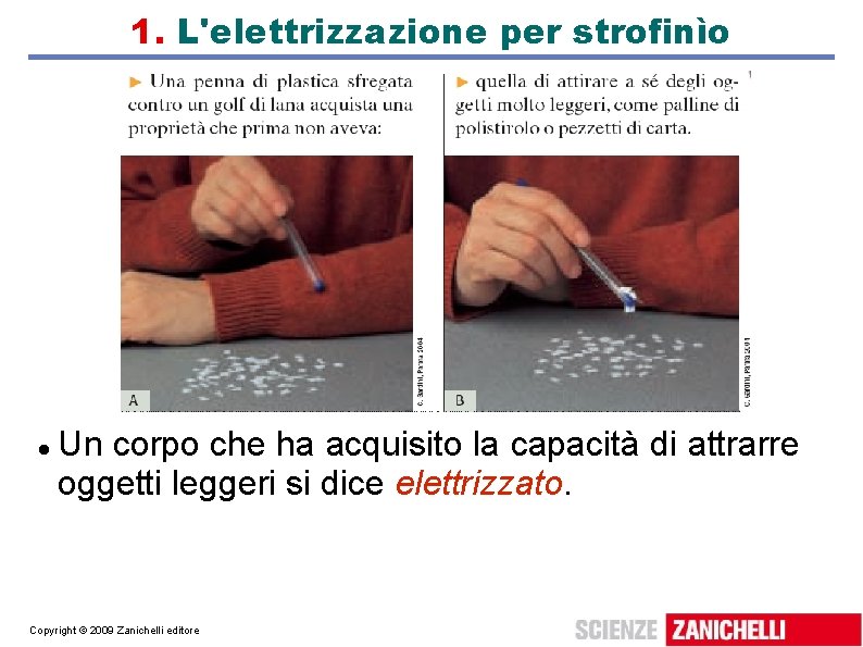 1. L'elettrizzazione per strofinìo Un corpo che ha acquisito la capacità di attrarre oggetti