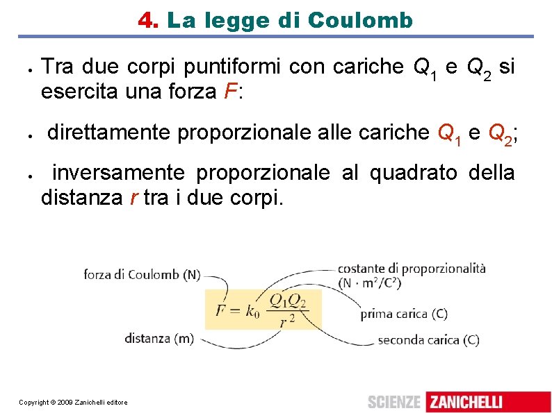 4. La legge di Coulomb Tra due corpi puntiformi con cariche Q 1 e