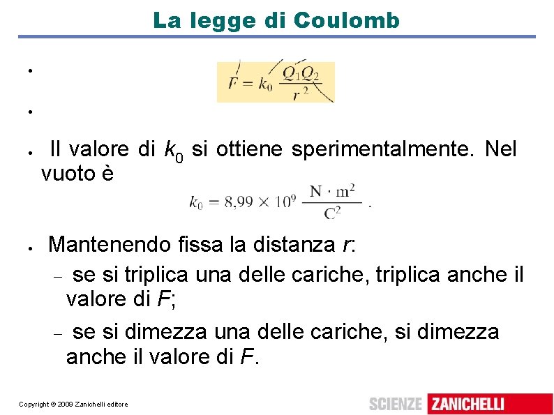 La legge di Coulomb Il valore di k 0 si ottiene sperimentalmente. Nel vuoto