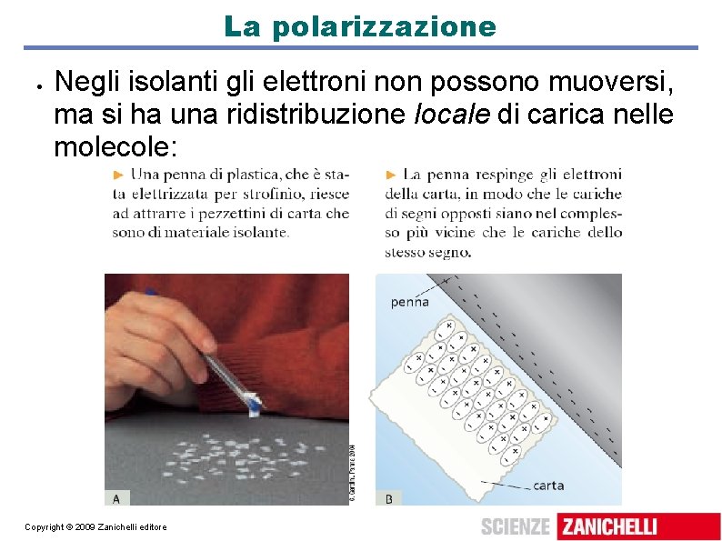 La polarizzazione Negli isolanti gli elettroni non possono muoversi, ma si ha una ridistribuzione