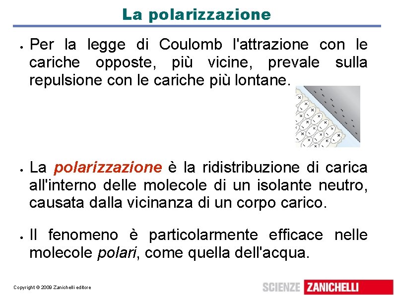 La polarizzazione Per la legge di Coulomb l'attrazione con le cariche opposte, più vicine,