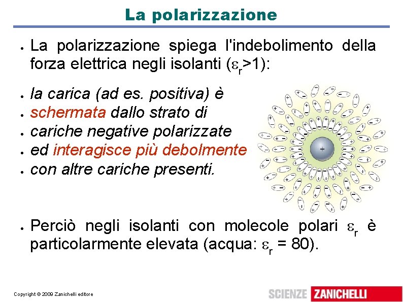 La polarizzazione La polarizzazione spiega l'indebolimento della forza elettrica negli isolanti ( r>1): la