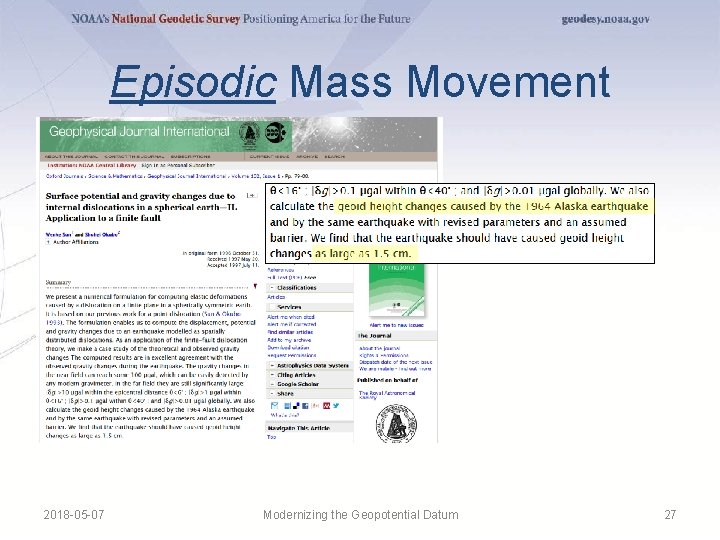 Episodic Mass Movement 2018 -05 -07 Modernizing the Geopotential Datum 27 Episodic Mass Movement 2018 -05 -07 Modernizing the Geopotential Datum 27
