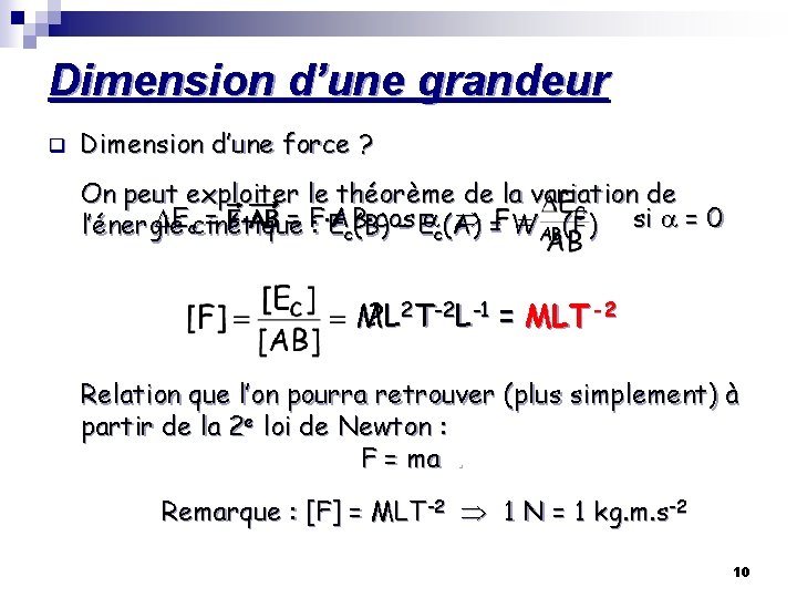 Dimension d’une grandeur q Dimension d’une force ? On peut exploiter le théorème de