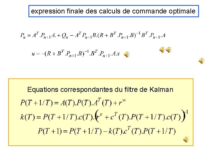 expression finale des calculs de commande optimale Equations correspondantes du filtre de Kalman 