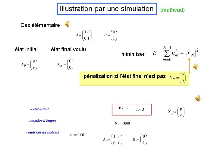 Illustration par une simulation (mathcad) Cas élémentaire état initial état final voulu minimiser pénalisation