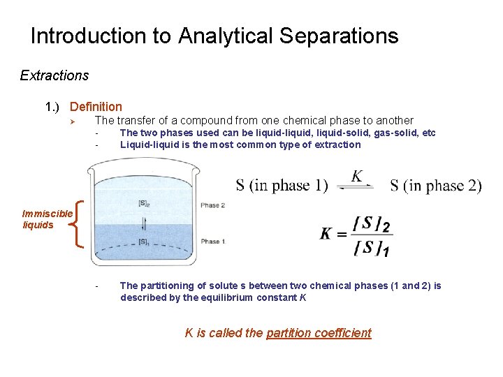 Introduction to Analytical Separations Extractions 1. ) Definition Ø The transfer of a compound Introduction to Analytical Separations Extractions 1. ) Definition Ø The transfer of a compound
