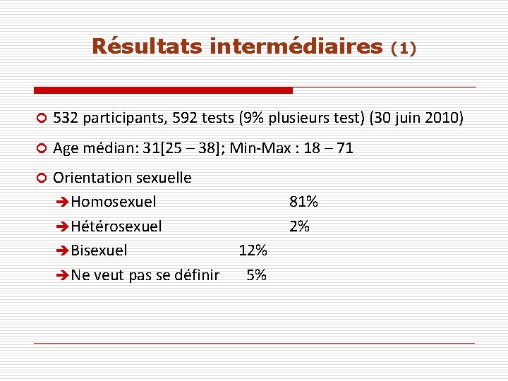 Résultats intermédiaires (1) ¢ 532 participants, 592 tests (9% plusieurs test) (30 juin 2010)