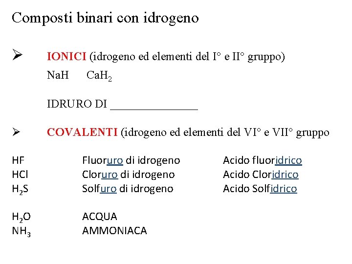 Composti binari con idrogeno Ø IONICI (idrogeno ed elementi del I° e II° gruppo)