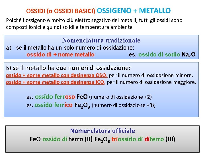 OSSIDI (o OSSIDI BASICI) OSSIGENO + METALLO Poiché l’ossigeno è molto più elettronegativo dei