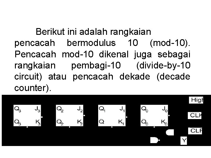 Berikut ini adalah rangkaian pencacah bermodulus 10 (mod-10). Pencacah mod-10 dikenal juga sebagai rangkaian