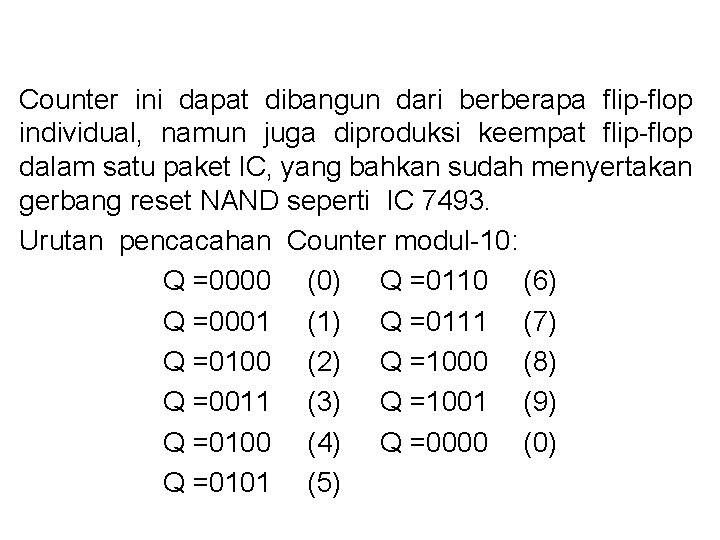 Counter ini dapat dibangun dari berberapa flip-flop individual, namun juga diproduksi keempat flip-flop dalam