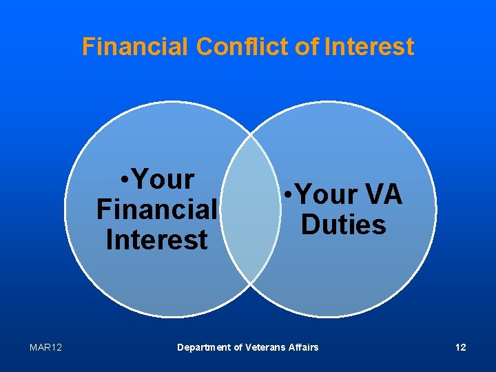 Financial Conflict of Interest • Your Financial Interest MAR 12 • Your VA Duties