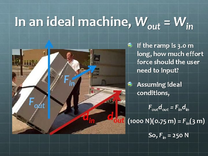 In an ideal machine, Wout = Win If the ramp is 3. 0 m