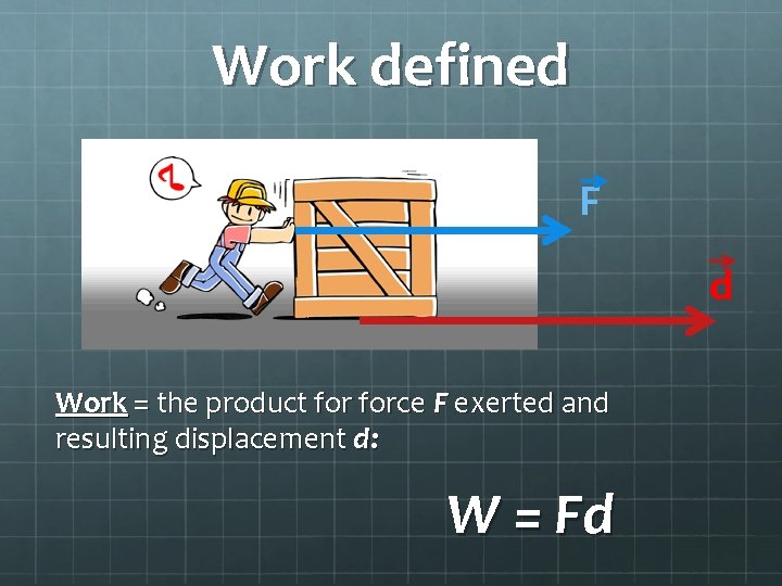 Work defined F d Work = the product force F exerted and resulting displacement