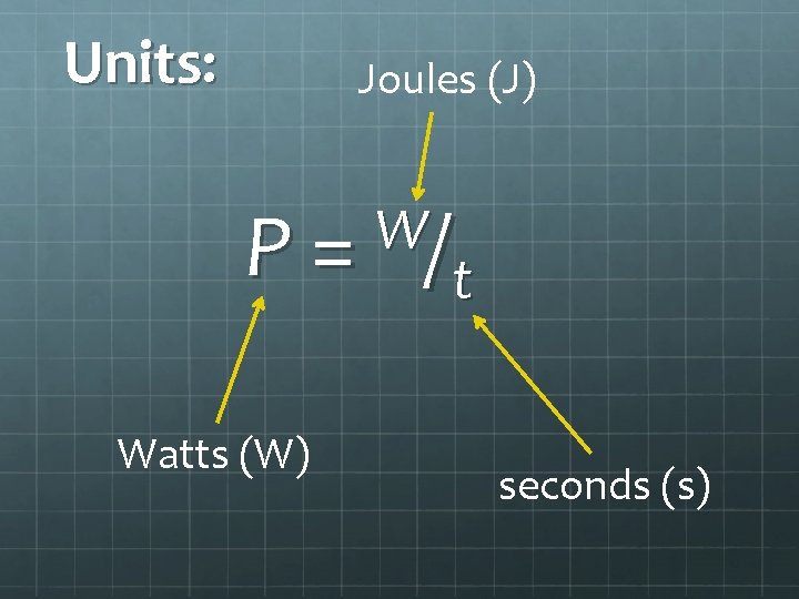 Units: Joules (J) W P = /t Watts (W) seconds (s) 