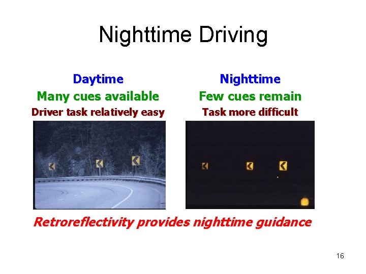 Nighttime Driving Daytime Many cues available Nighttime Few cues remain Driver task relatively easy