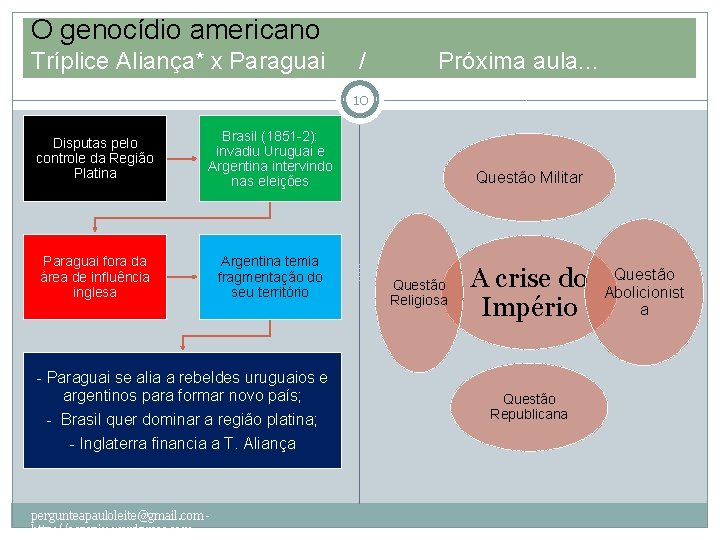 O genocídio americano Tríplice Aliança* x Paraguai / Próxima aula. . . 10 Disputas O genocídio americano Tríplice Aliança* x Paraguai / Próxima aula. . . 10 Disputas