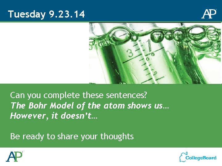 Tuesday 9. 23. 14 Can you complete these sentences? The Bohr Model of the