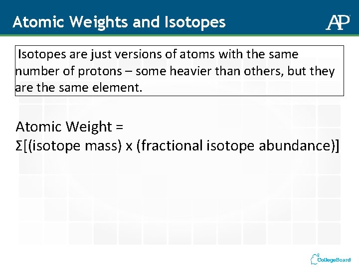 Atomic Weights and Isotopes are just versions of atoms with the same number of