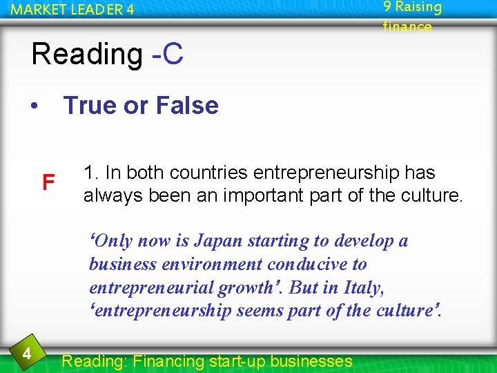 MARKET LEADER 4 9 Raising finance Reading -C • True or False F 1.