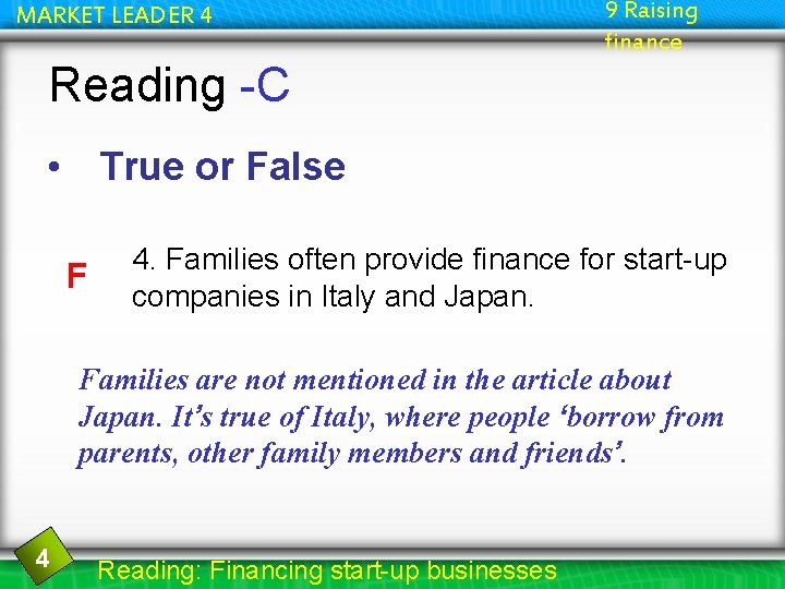 MARKET LEADER 4 9 Raising finance Reading -C • True or False F 4.