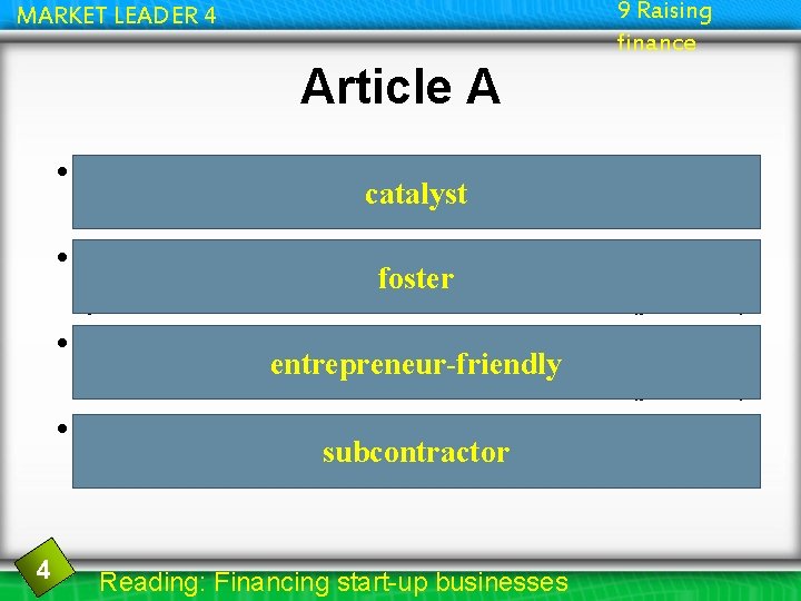 9 Raising finance MARKET LEADER 4 Article A • something that causes an important