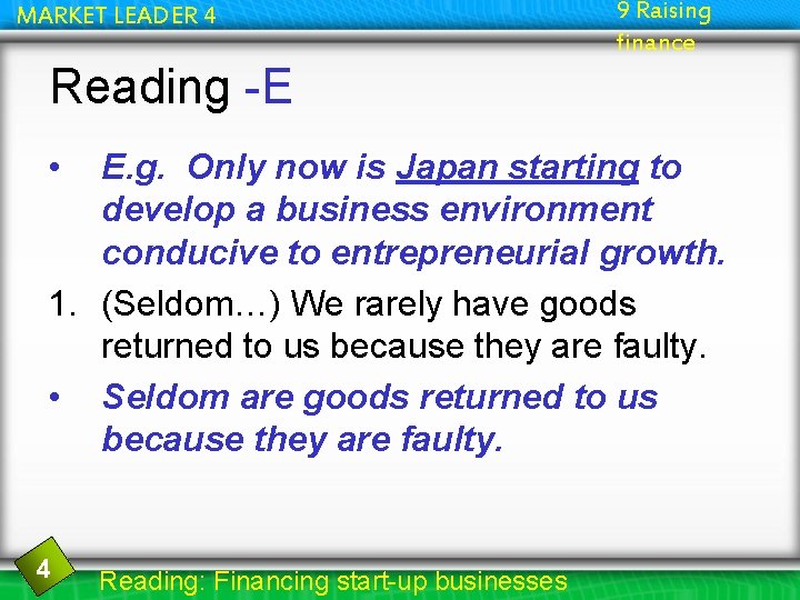 MARKET LEADER 4 9 Raising finance Reading -E • E. g. Only now is