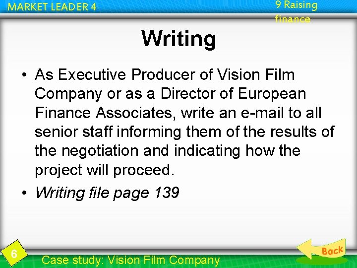 9 Raising finance MARKET LEADER 4 Writing • As Executive Producer of Vision Film