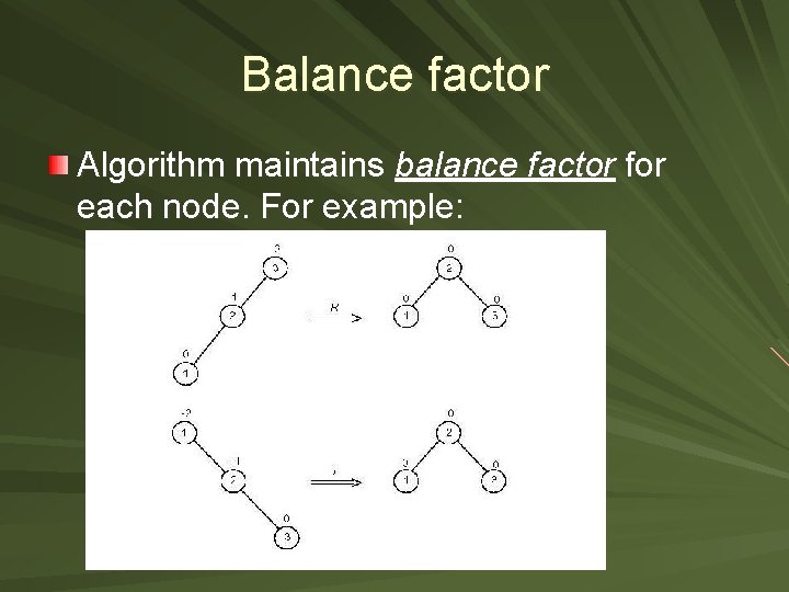 Balance factor Algorithm maintains balance factor for each node. For example: 