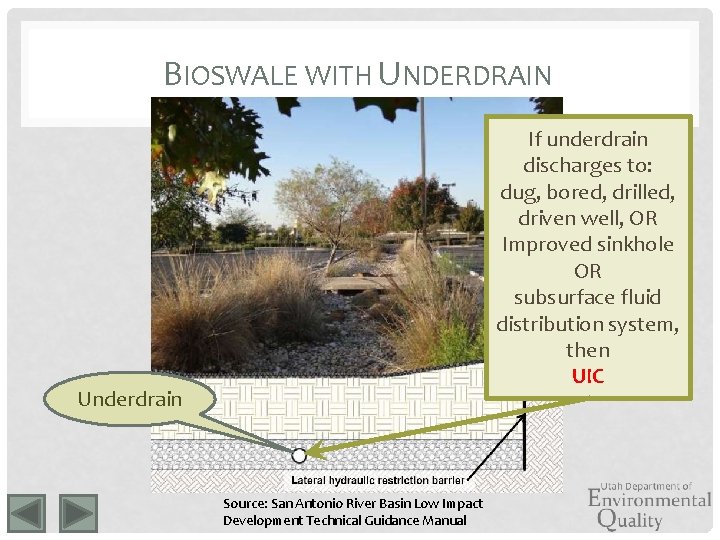 BIOSWALE WITH UNDERDRAIN If underdrain discharges to: dug, bored, drilled, driven well, OR Improved