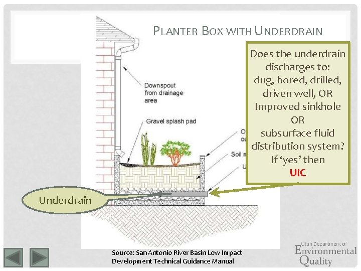 PLANTER BOX WITH UNDERDRAIN Does the underdrain discharges to: dug, bored, drilled, driven well,