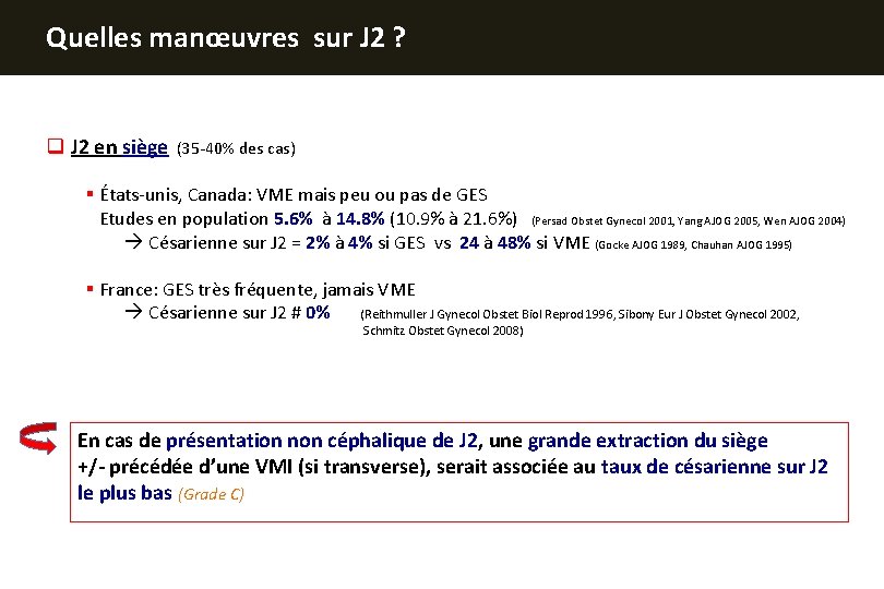 Quelles manœuvres sur J 2 ? q J 2 en siège (35 -40% des