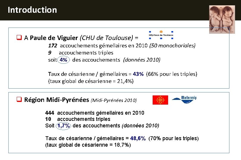 Introduction q A Paule de Viguier (CHU de Toulouse) = 172 accouchements gémellaires en