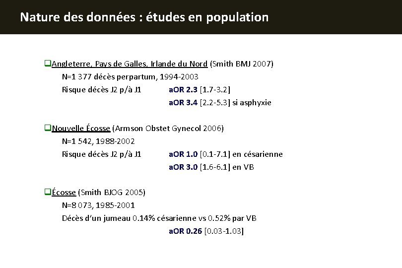 Nature des données : études en population q. Angleterre, Pays de Galles, Irlande du