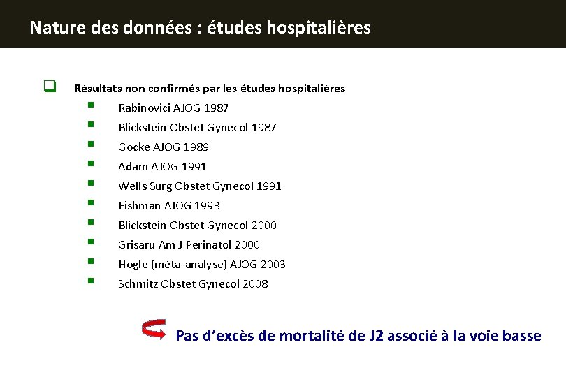 Nature des données : études hospitalières q Résultats non confirmés par les études hospitalières