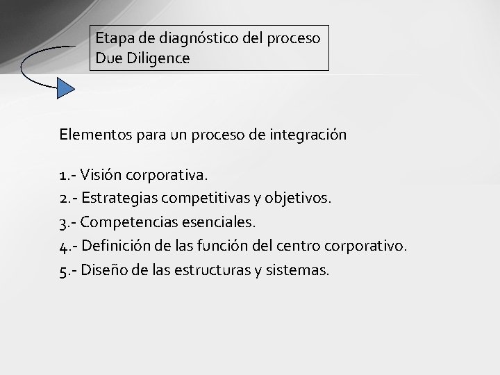 Etapa de diagnóstico del proceso Due Diligence Elementos para un proceso de integración 1.