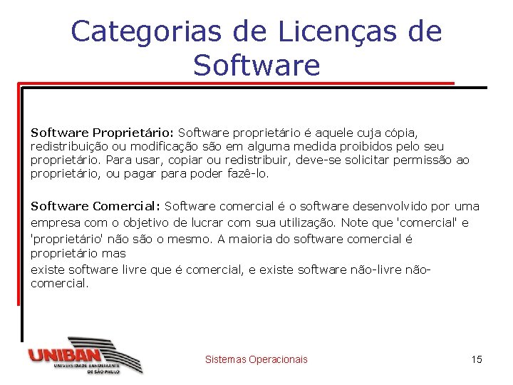 Categorias de Licenças de Software Proprietário: Software proprietário é aquele cuja cópia, redistribuição ou