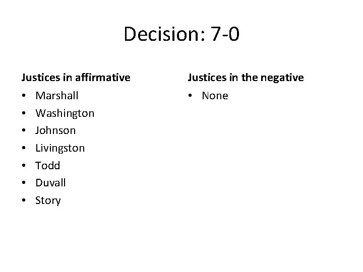 Decision: 7 -0 Justices in affirmative • • Marshall Washington Johnson Livingston Todd Duvall