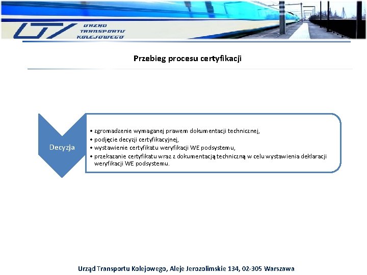 Przebieg procesu certyfikacji Decyzja • zgromadzenie wymaganej prawem dokumentacji technicznej, • podjęcie decyzji certyfikacyjnej,