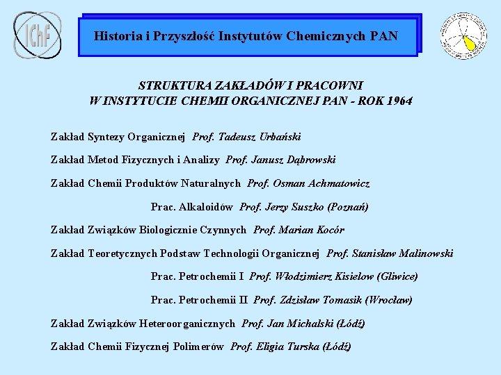 Historia i Przyszłość Instytutów Chemicznych PAN STRUKTURA ZAKŁADÓW I PRACOWNI W INSTYTUCIE CHEMII ORGANICZNEJ