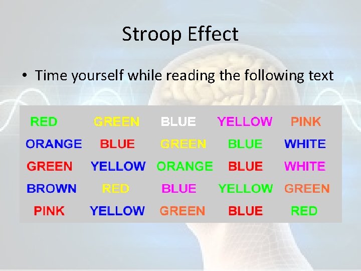 Stroop Effect • Time yourself while reading the following text 