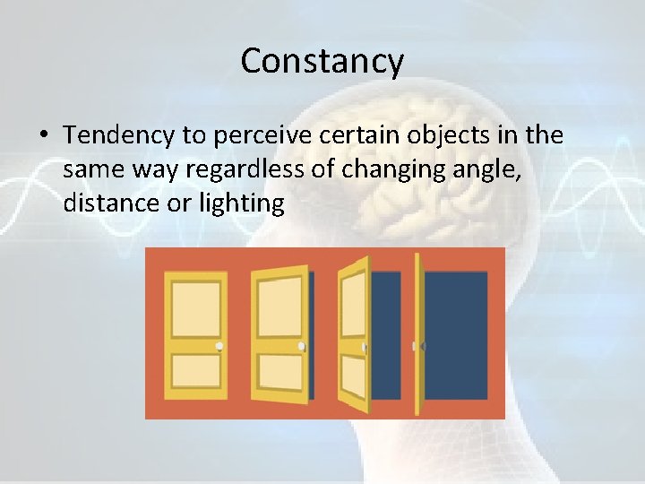 Constancy • Tendency to perceive certain objects in the same way regardless of changing